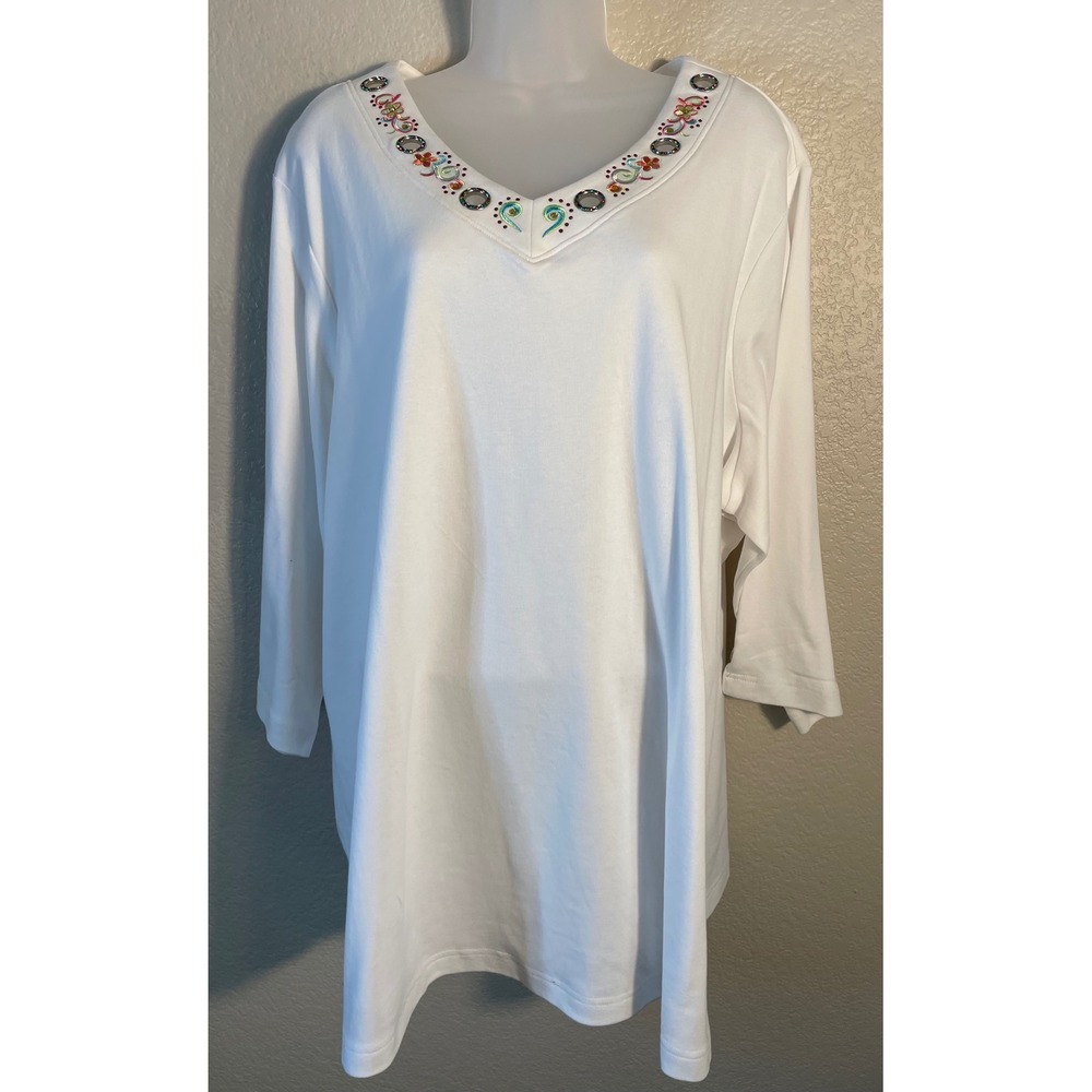 Quacker Factory Womens 3X Top White V Neck Embroidered Rhinestone 3/4 Sleeve NEW